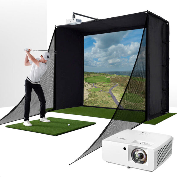 PlayBetter SimStudio™ COMPLETE Home Golf Simulator Package | Enclosure, Impact Screen, Hitting/Putting Mats, Side Barriers & Projector