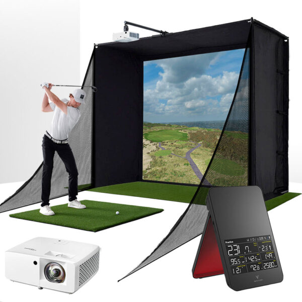 Swing Caddie SC4 PRO with PlayBetter SimStudio™ COMPLETE Package | Golf Simulator Studio with Impact Screen, Enclosure, Side Barriers, Hitting/Putting Mats, & Projector