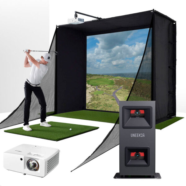 Uneekor EYE MINI LITE with PlayBetter SimStudio™ COMPLETE Package | Golf Simulator Studio with Impact Screen, Enclosure, Side Barriers, Hitting/Putting Mats & Projector