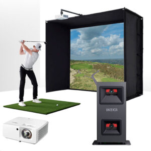 Uneekor EYE MINI LITE with PlayBetter SimStudio™ ESSENTIALS Package | Golf Simulator Studio with Impact Screen, Enclosure, Hitting Mat, & Projector